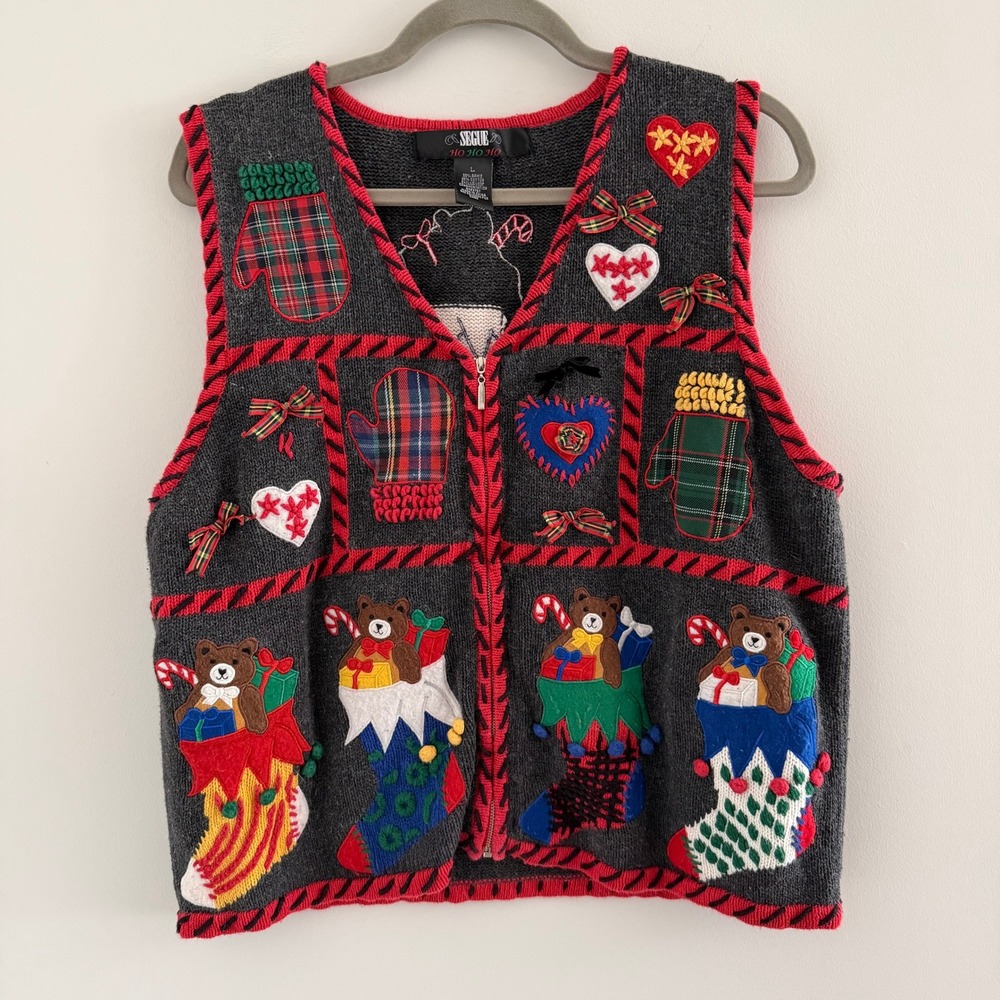 Vintage Segue Ho Ho Ho Christmas Sweater Vest Gray Teddy Bear Stocking Large